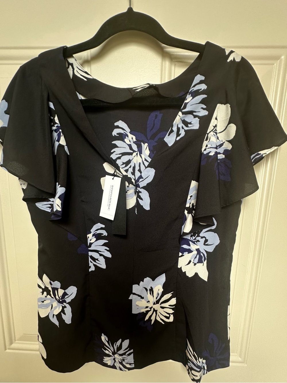 Banana Republic Black Floral V-Neck Blouse with Blue and White Blooms